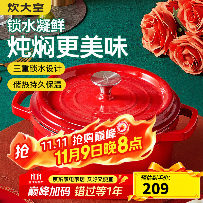 炊大皇珐琅锅铸铁锅家用双耳炖锅汤锅焖烧锅不粘锅电磁炉燃气灶通用煮锅 【中国红】 24cm 3.8L