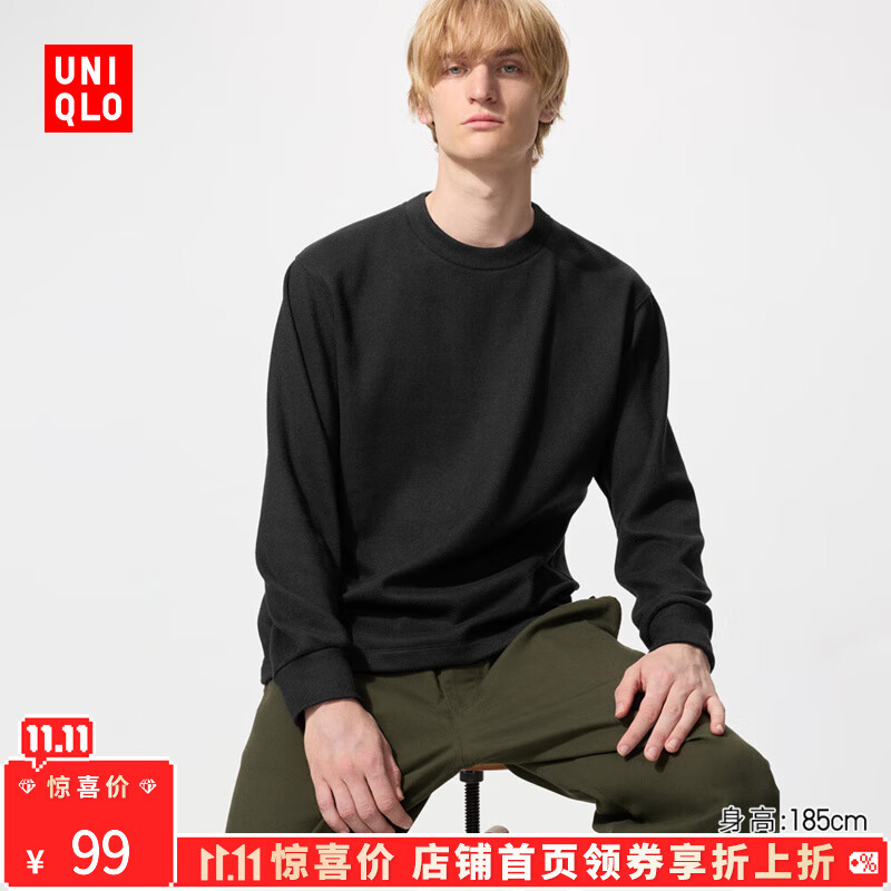 优衣库【惊喜价】男装柔软针织摇粒绒圆领套头衫/长袖T恤479791 09 黑色 XL /180/108B