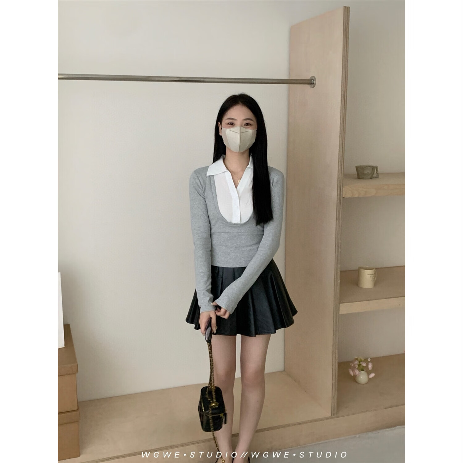 【厂家现发】39.48 WE纯欲黑色假两件衬衫领百搭显瘦休闲打底套头 黑色 S