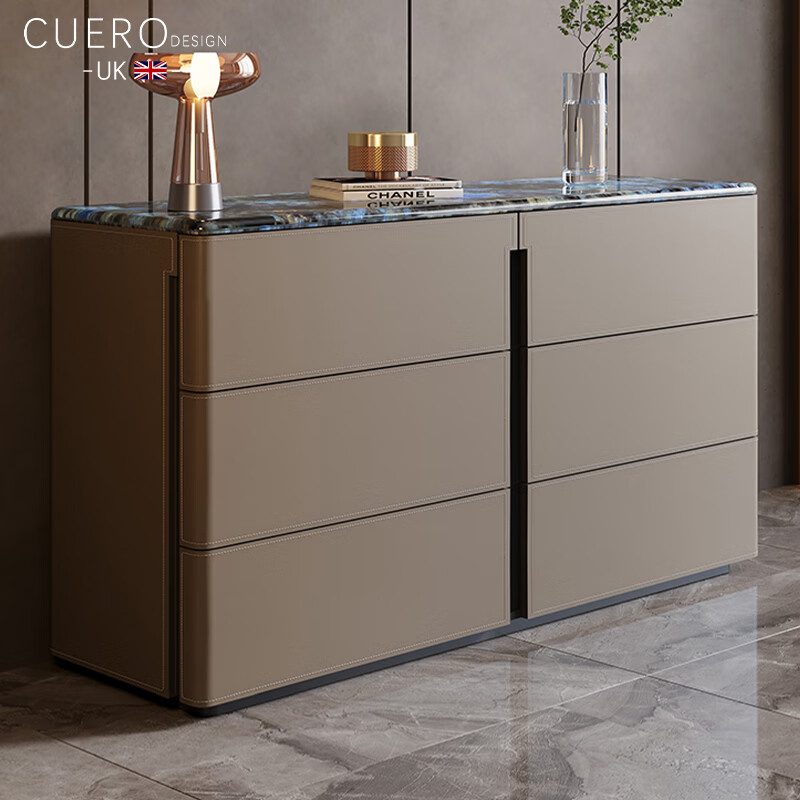 CUERO DESIGN轻奢大理石马鞍皮餐边柜家用靠墙储物斗柜卧室床尾高款电视柜边柜 （120x40x80cm）六斗柜【浅咖色+超晶石台面】 【整装发货 免安装】