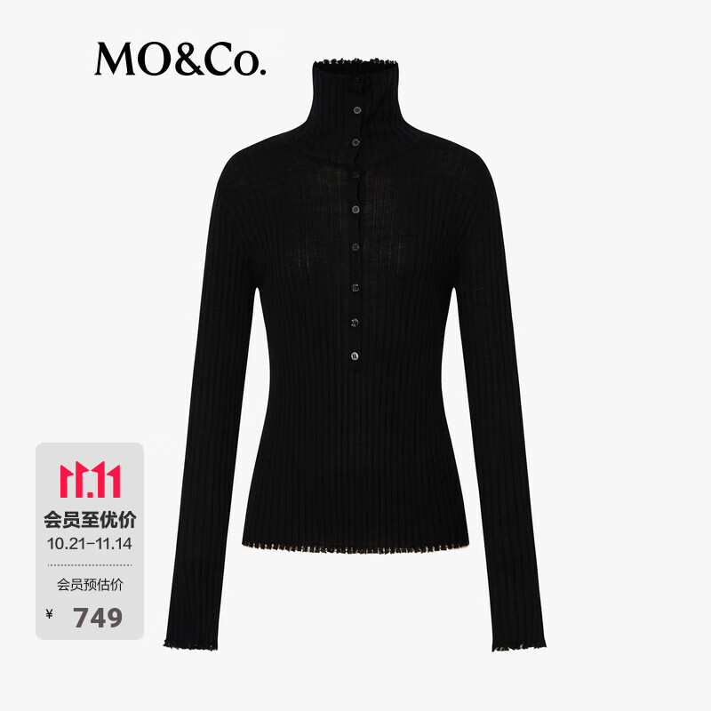 MO&Co.针织衫可机洗绵羊毛半开襟高领烂边软糯弹力竖条纹修身防缩 黑色 M /165