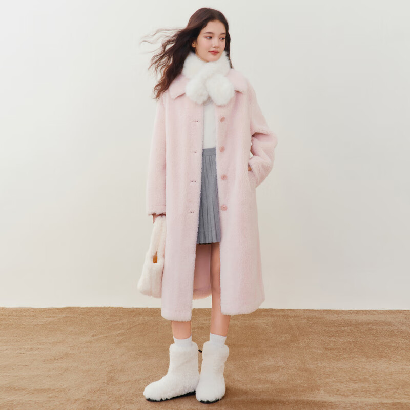 乐町甜美仿羊羔毛颗粒长款外套 棉花糖粉(现货) L