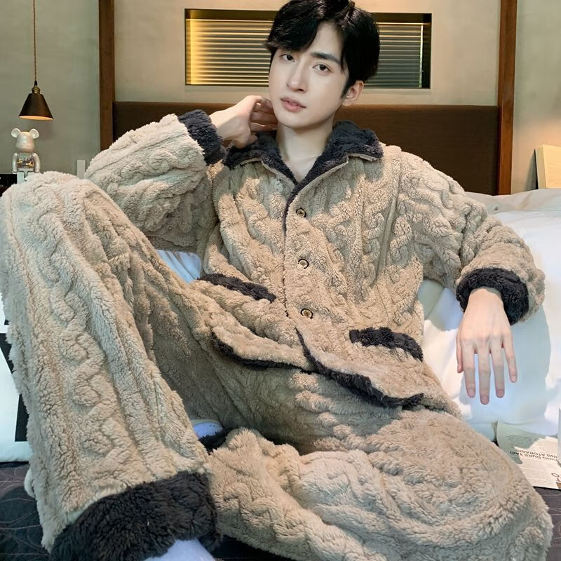 维多利亚的格调珊瑚绒睡衣男秋冬青少年加厚加绒长袖高中生毛绒家居服法兰绒套装 男长毛绒ZHL-方块格深灰五角星8153 XL (120-140斤