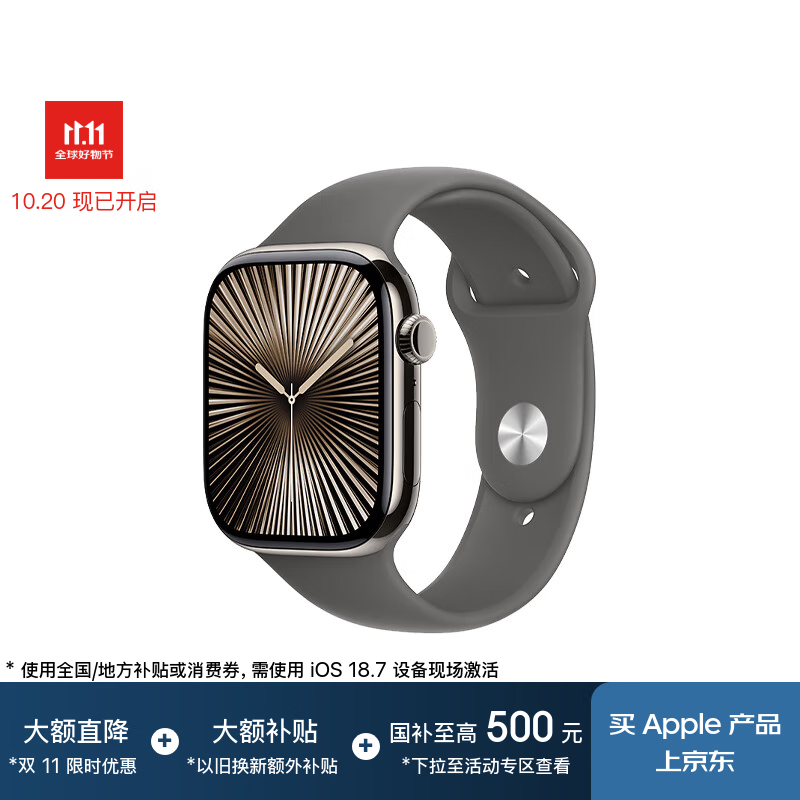 Apple/苹果 Watch Series 10 智能手表GPS+蜂窝款46毫米原色钛金属表壳岩灰色运动型表带S/M MWYQ3CH/B