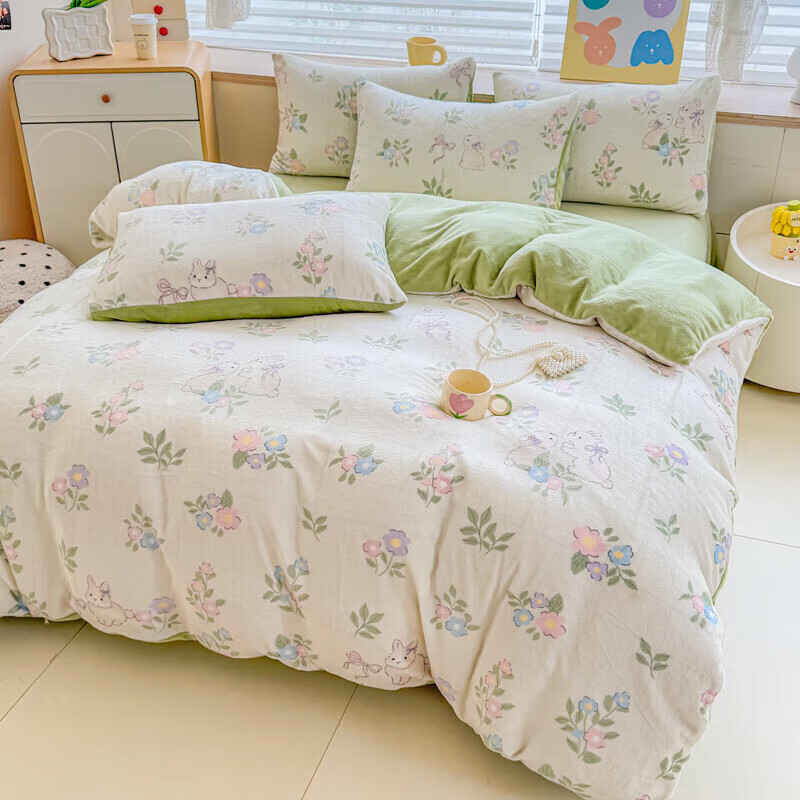软贝小清新牛奶绒床上四件套保暖毛绒床单被套学生宿舍秋冬款三件套 绿意盎然 床单款 2.0m  被套200*230cm 四件套