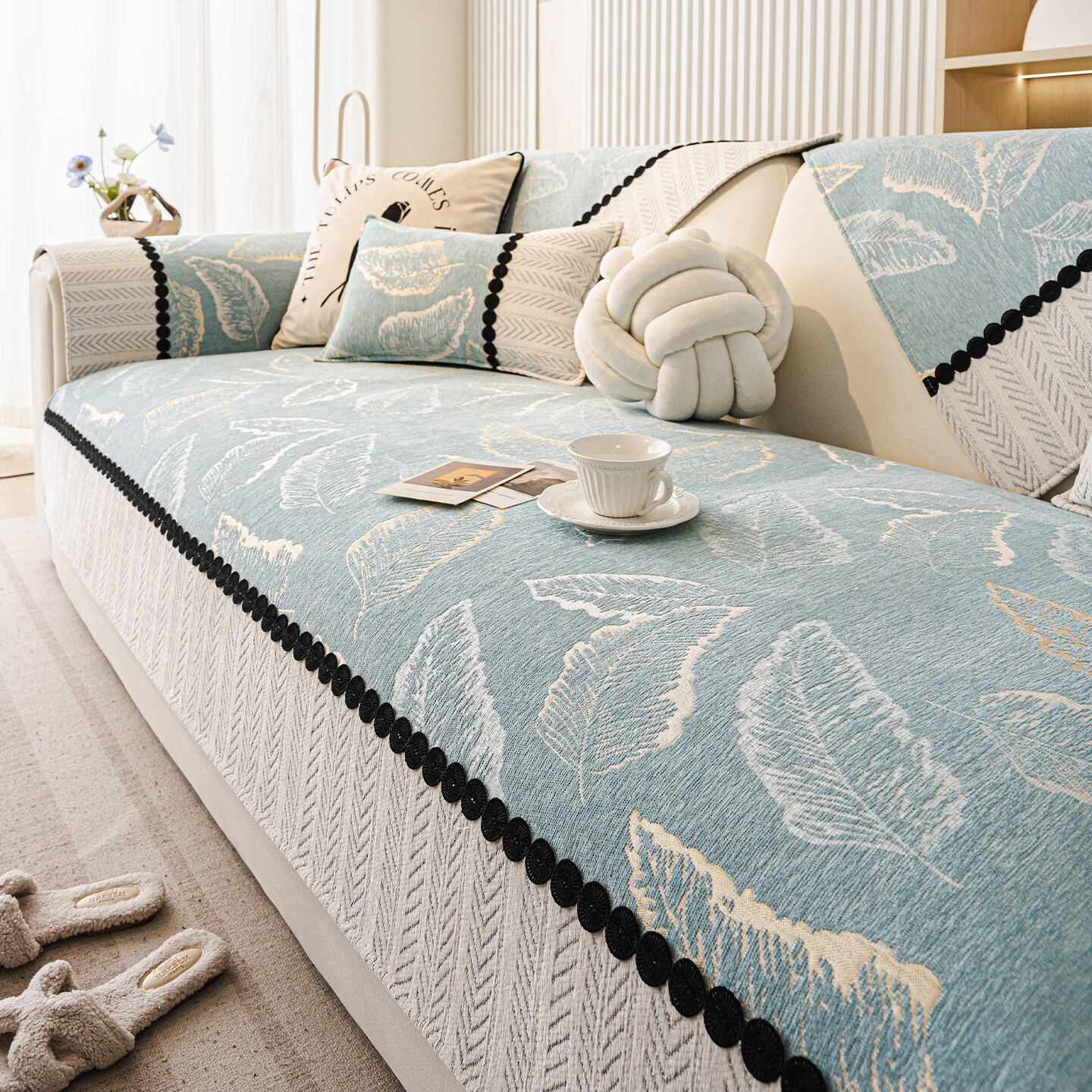 臻昔雪尼尔沙发垫四季通用新款高档轻奢流行防滑沙发坐垫子盖布巾 羽叶-蓝色【四季款】 90cm*280cm