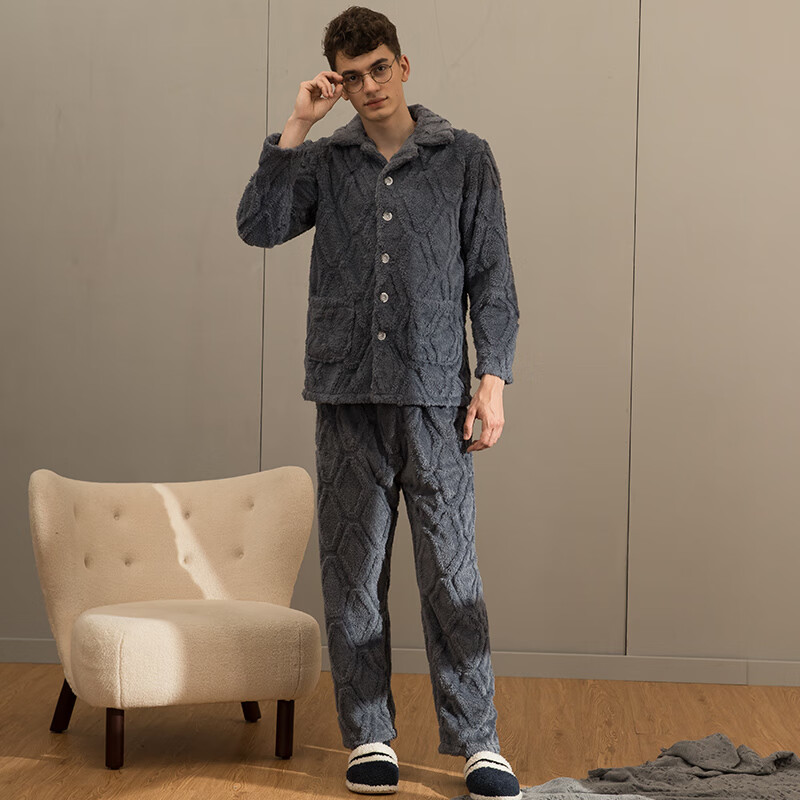 芬腾男士睡衣珊瑚绒家居服套装秋冬保暖 M98241403-灰兰 XL