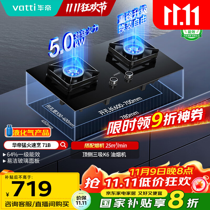 华帝（VATTI）国家补贴20%燃气灶煤气灶台式嵌入式5.0kW猛火熄火保护一级能效双灶台灶具i10071B【液化气商品