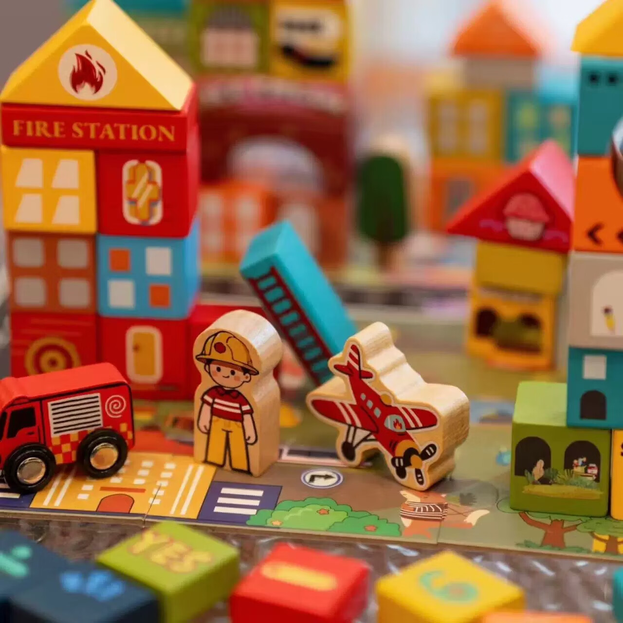 PEATOYS110粒大颗粒桶装纯实木带拼图城市主题积木婴幼儿早教玩具礼物 PEATOYS多巴城市积木