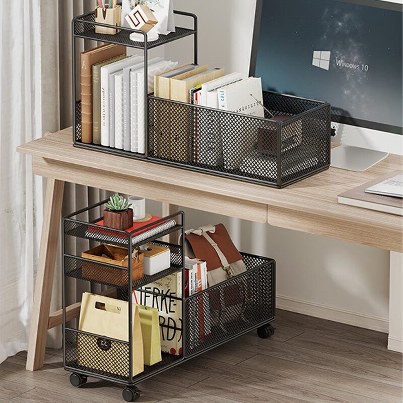 尔思家书包收纳置物架桌上分层书架多功能落地可移动家用杂物储物架 黑色两层大号桌面款