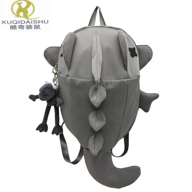 酷奇袋鼠（KUQIDAISHU）鯊魚(yú)雙肩包小眾設(shè)計(jì)感騎行揹包男女防水潮流旅行包學(xué)生書(shū)包電腦包 灰色小號(hào)-無(wú)掛件