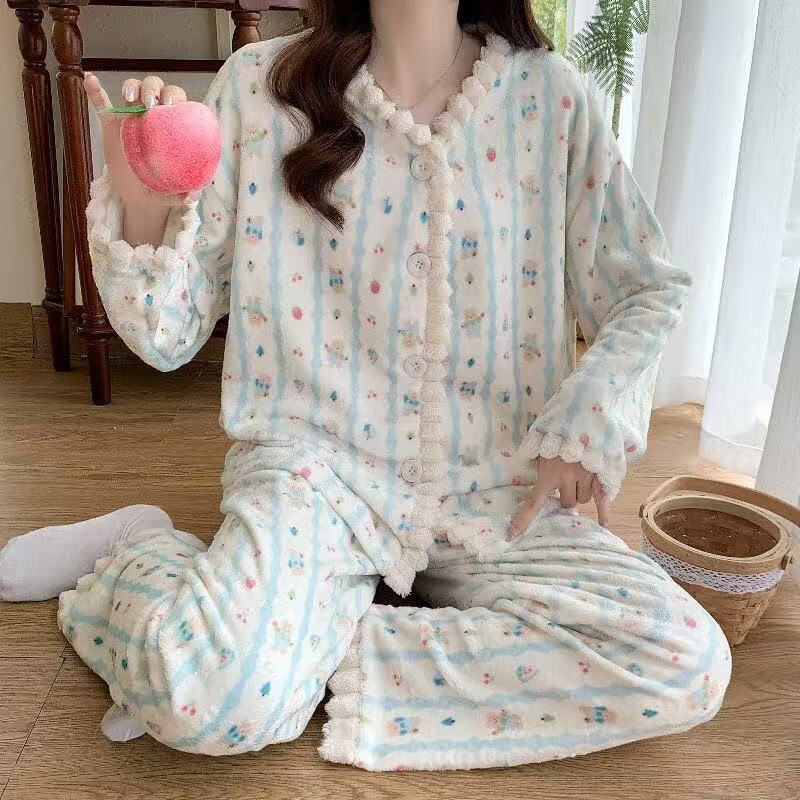 巴洛莲 BORORAM珊瑚绒睡衣女秋冬季加厚保暖2025年新款甜美可爱法兰绒家居服套装 3322兔子花 L 建议100-115斤