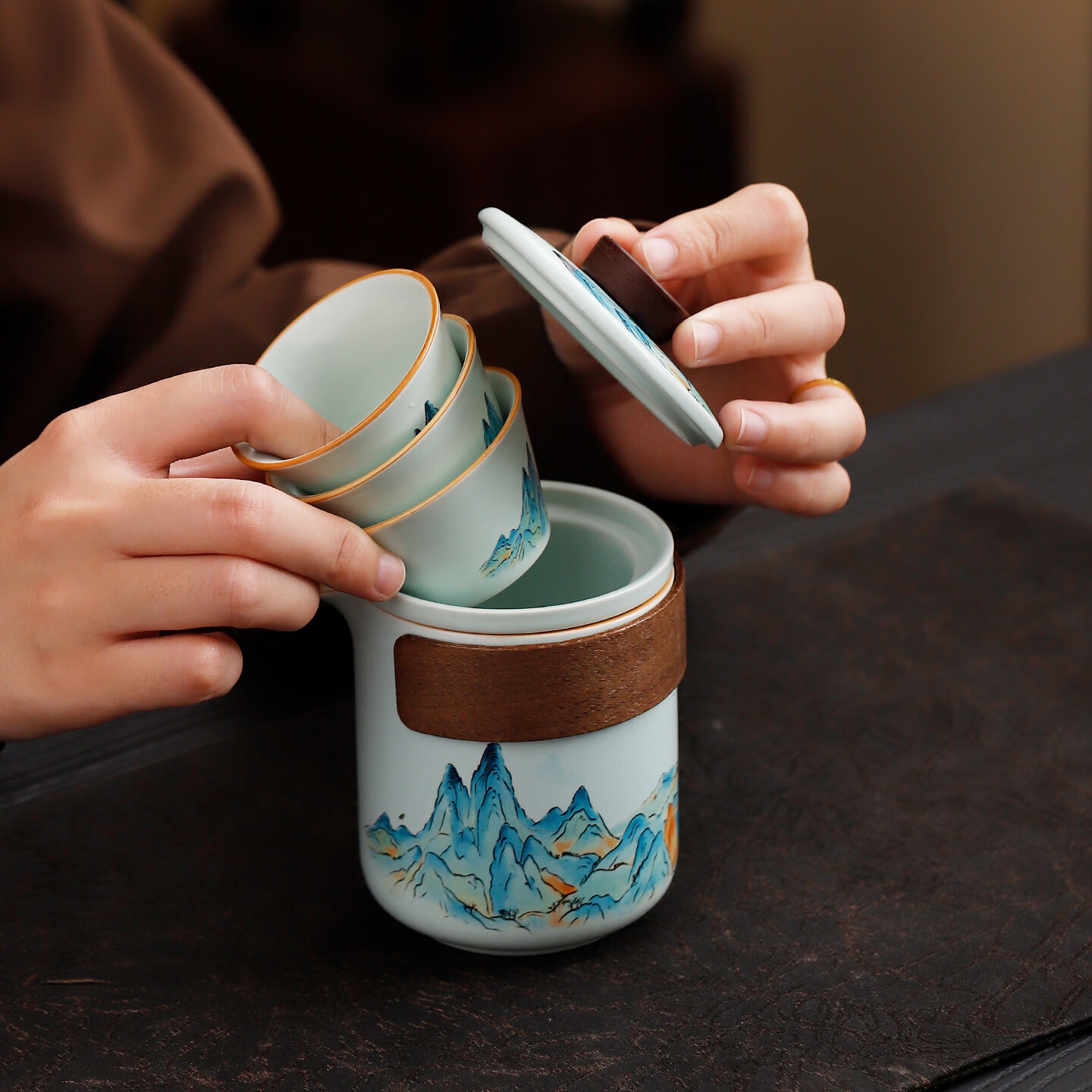 栢启歆茶具套装伴手礼文创定制功夫茶具千里江山公司活动圣诞送礼周年庆 天青千里江山茶具【礼盒装】 6件