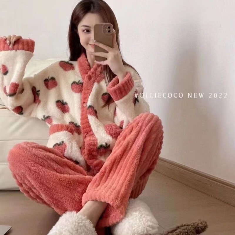 有只绵珊瑚绒睡衣两件套女士秋冬季加厚加绒保暖可爱毛绒宽松家居服套装 乌龙桃-套装 L (建议90-120斤)