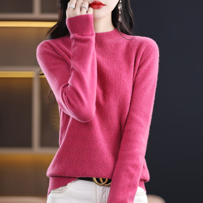 香影芬一线成衣100纯羊毛衫女士半高领镂空长袖上衣宽松百搭羊毛打底衫 白色 M (建议95-105斤)