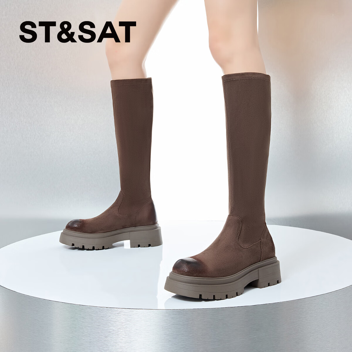 星期六（St&Sat）时装靴女2025新款时尚圆头舒适百搭厚底套脚高筒靴 棕色 37