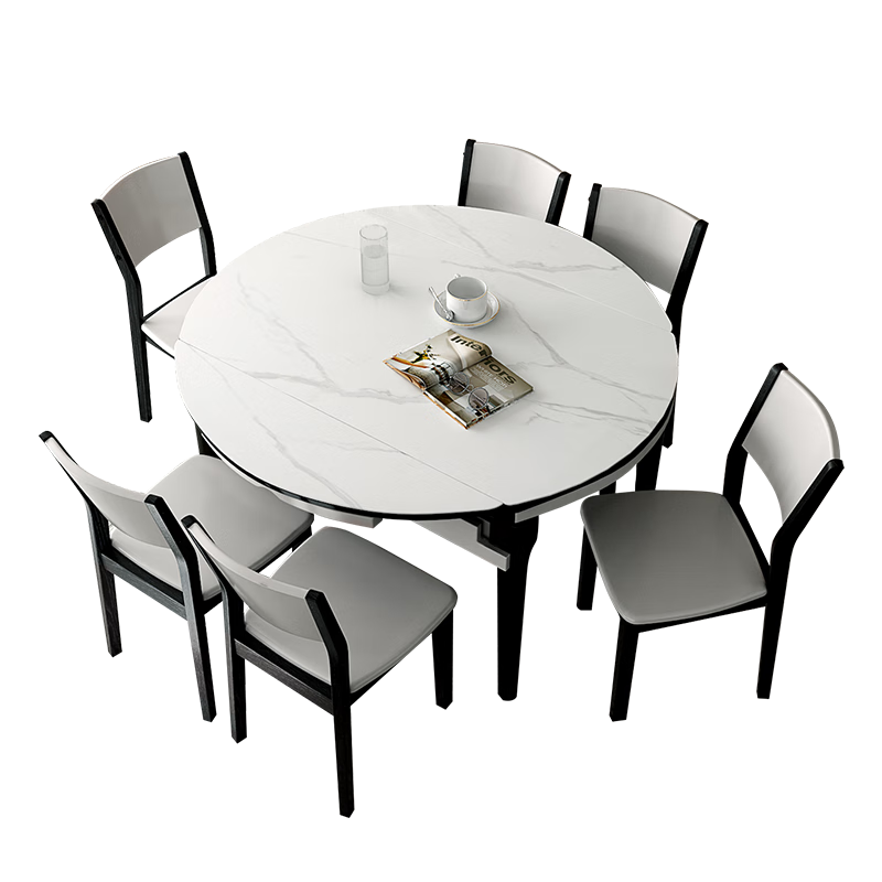 雙虎餐桌椅組合巖板餐桌伸縮家用小戶型可變圓桌大理石紋輕奢方桌208 208B餐桌+20A1餐椅*4