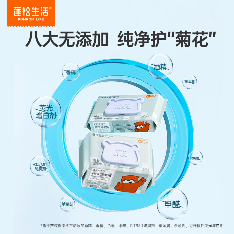 蓬松生活EDI纯水湿厕纸巾 私处湿巾 家用擦屁屁清洁可降解洁厕卫生湿手纸 80抽 3包