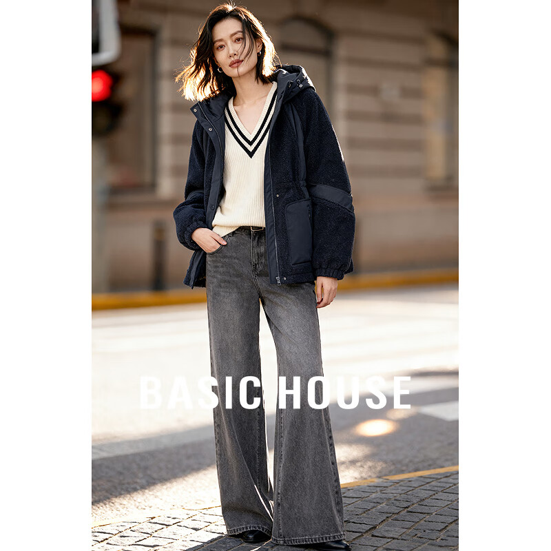 Basic House/百家好韩版摇粒绒拼色羽绒服冬季抽绳收腰白鸭绒外套 藏青色 M