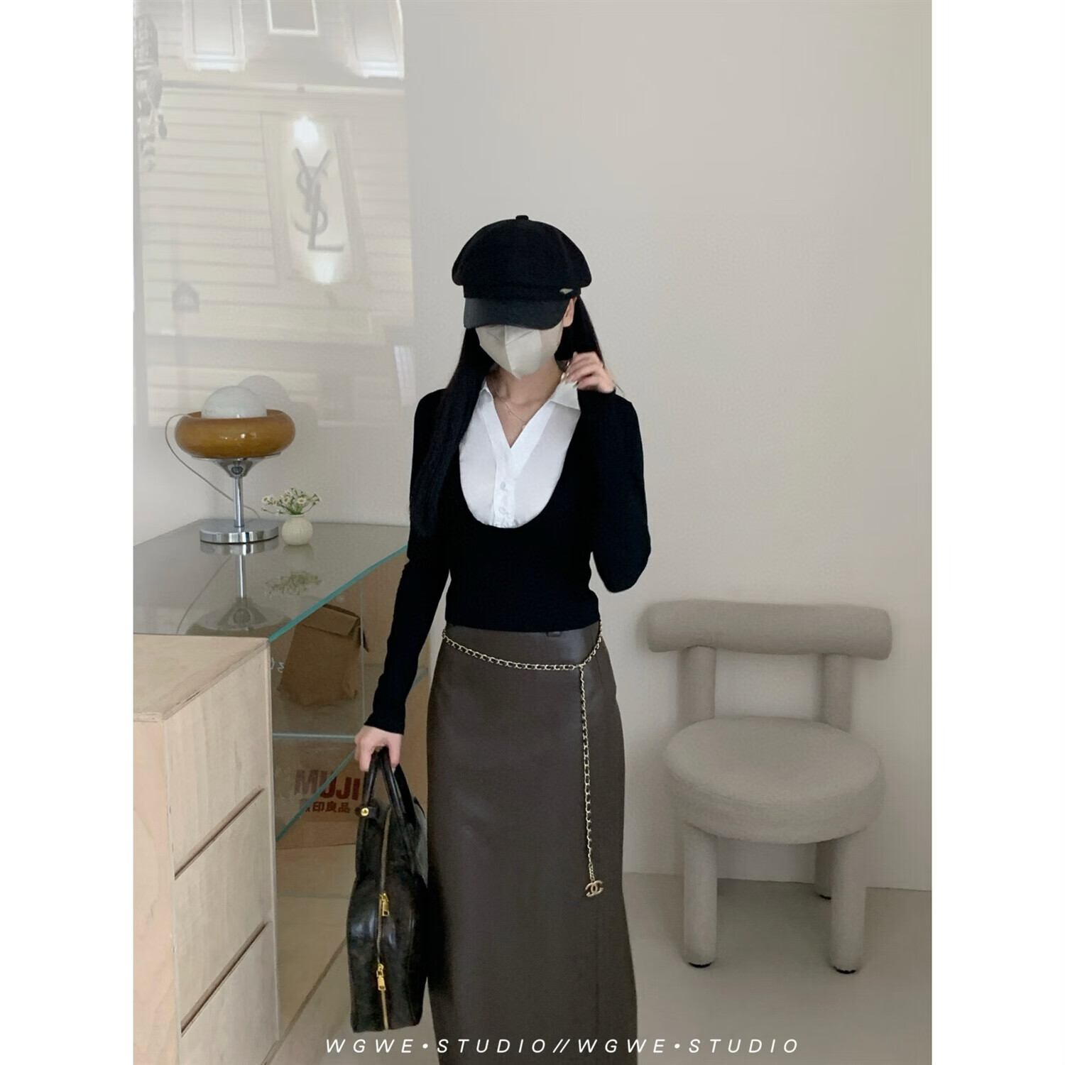 【厂家现发】39.48 WE纯欲黑色假两件衬衫领百搭显瘦休闲打底套头 黑色 S