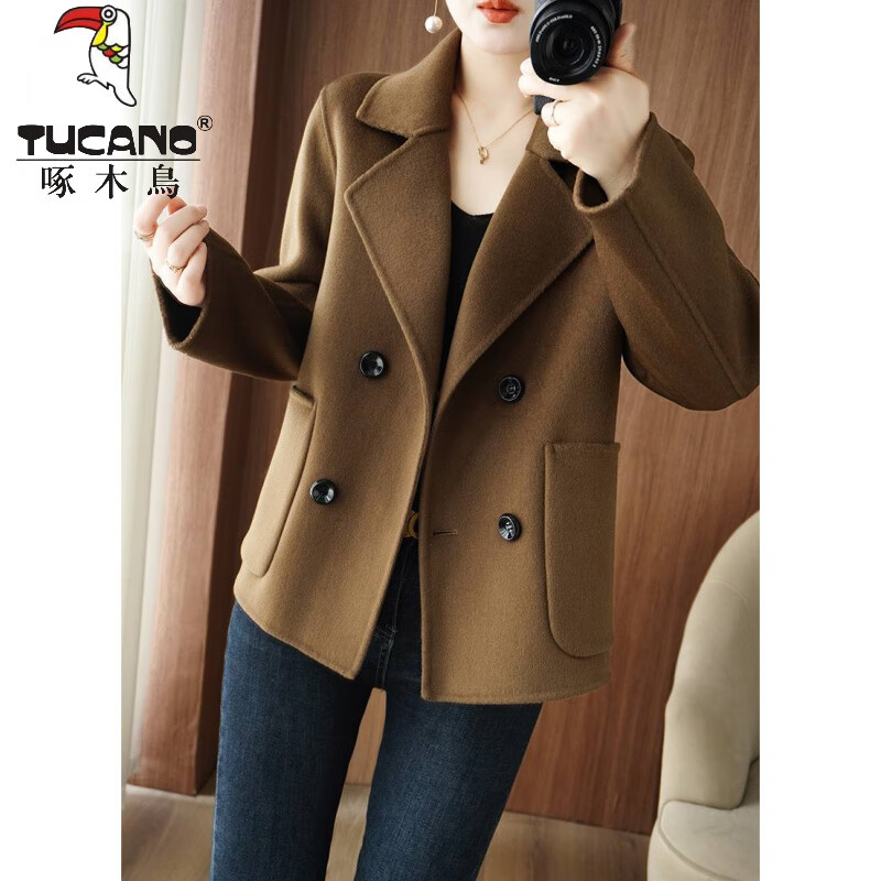 啄木鸟（TUCANO）高级感毛呢大衣女2026春秋新款短款宽松小个子高端西装长袖外套 咖棕色 XL 115-130