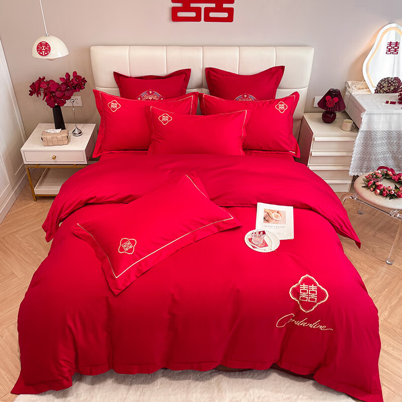 水星系列家纺结婚喜庆床上用品四件套婚庆纯棉全棉磨毛床单被套大红色新婚嫁房 永恒 1.8m四件套 床笠款 被套200*230cm