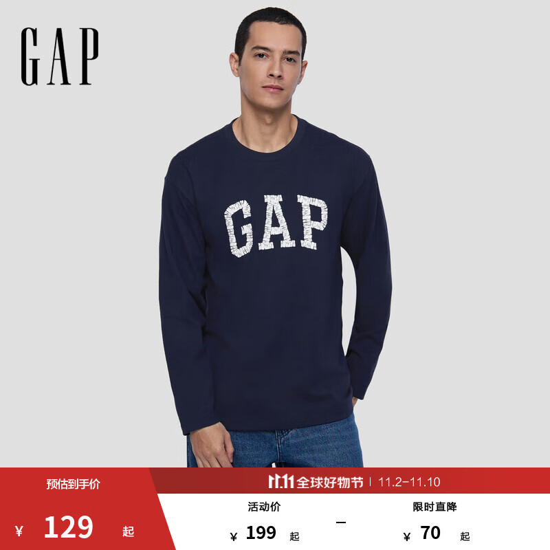 GAP男女装2025秋季新款logo纯棉宽松圆领长袖T恤休闲上衣 海军蓝 M (170/92A) 亚洲尺码