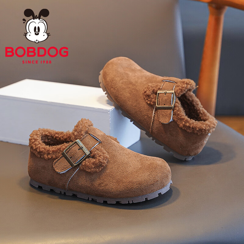 巴布豆（BOBDOG）童鞋男童冬季加绒保暖鞋子2025女低帮舒适休闲鞋时尚儿童勃肯鞋 浅棕色 32 适合脚长18.8cm