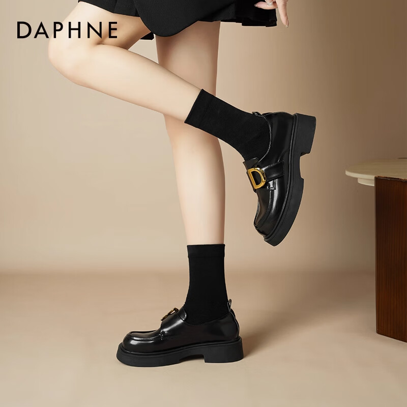 达芙妮厚底乐福鞋女2025新款秋季英伦风小皮鞋百搭复古魔术贴单鞋女ZJ 黑色-主图款 4cm跟高 37