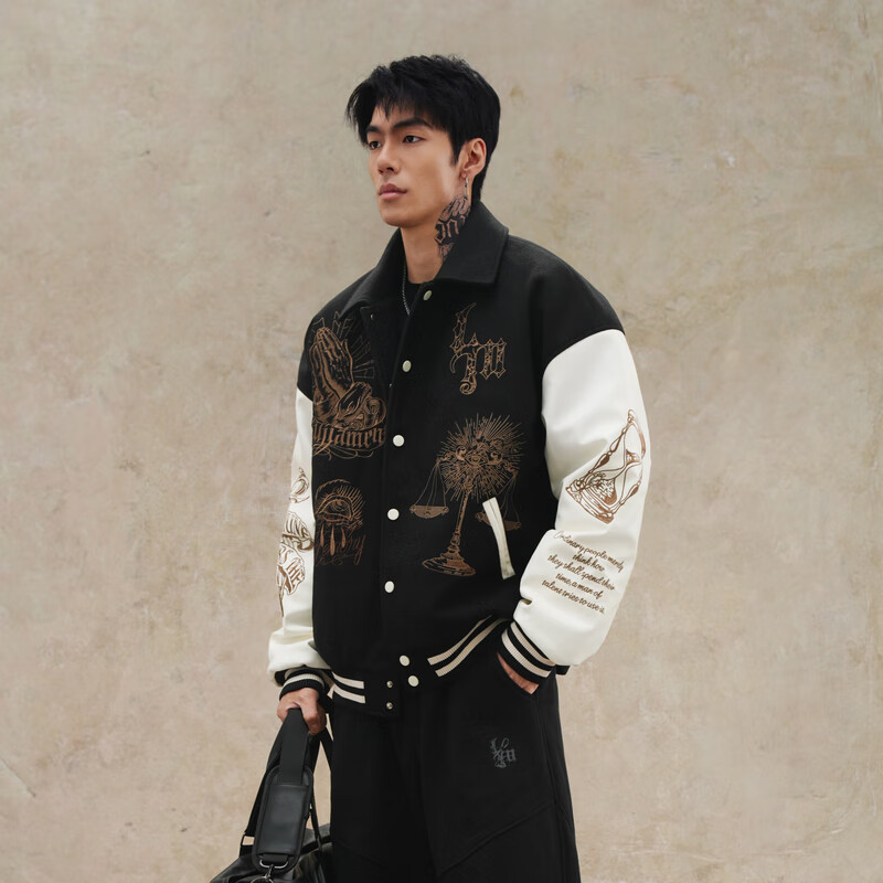 鹿家门原创毛呢加厚棒球服男士春秋重工运动外套宽松大码保暖棉服 黑色（常规款） 2XL 推荐180-220斤