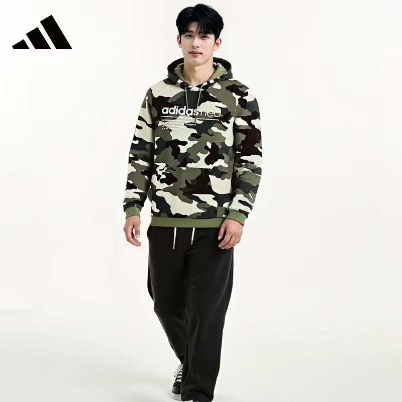 阿迪达斯 （adidas）男装户外运动服跑步休闲宽松连帽卫衣套头衫 H45226 迷彩 L