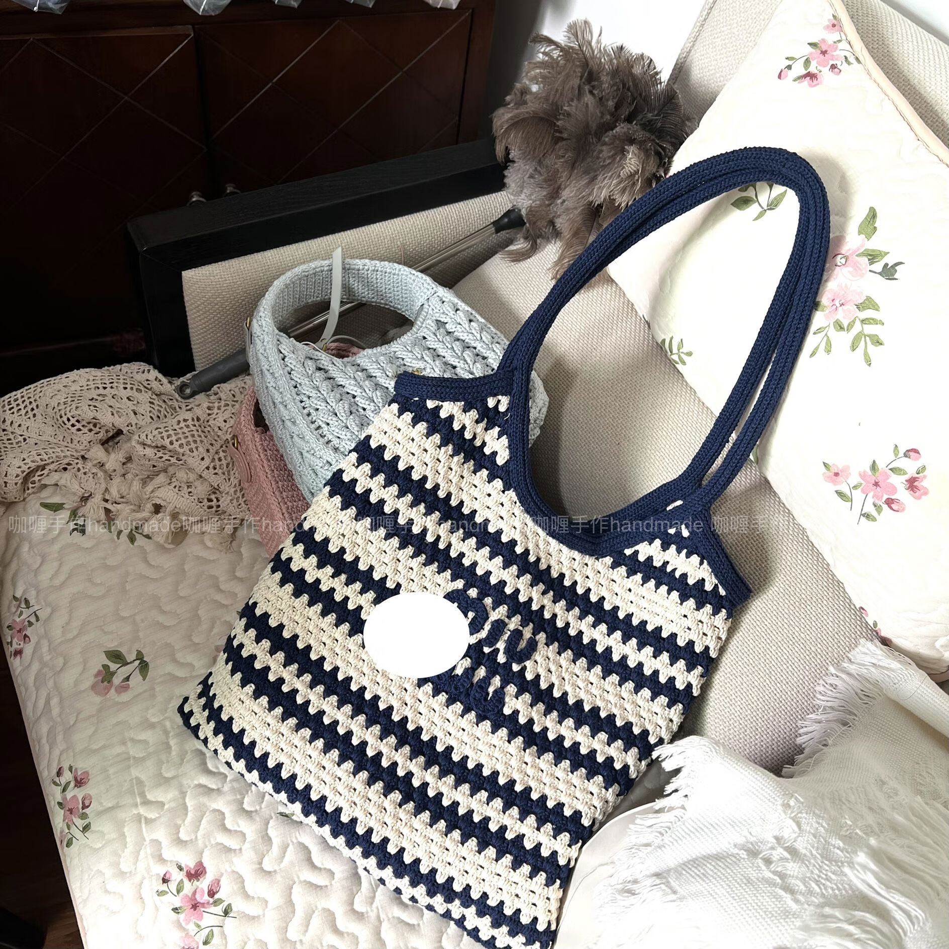 中掌柜咖哩手作miu系蓝白ivy单肩托特包手工diy毛线编织材料包钩针 蓝