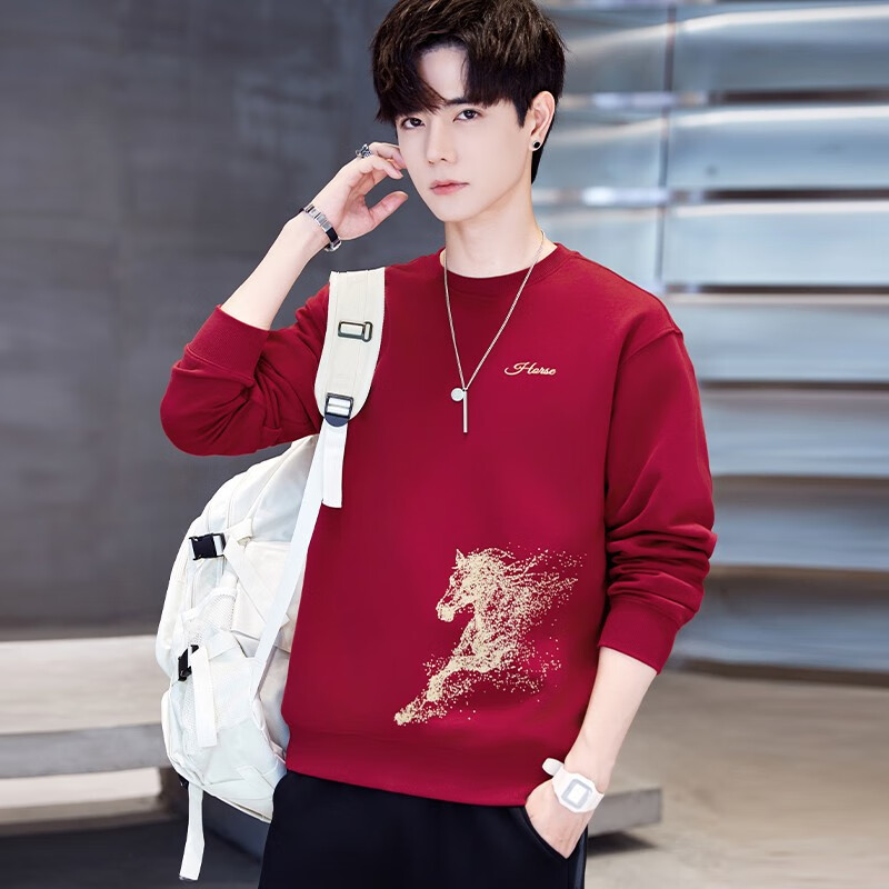 TEEK马年本命年衣服重磅纯棉男士卫衣国潮酒红色生肖印花拜年喜庆外套 【常规款】YW2933酒红色 L