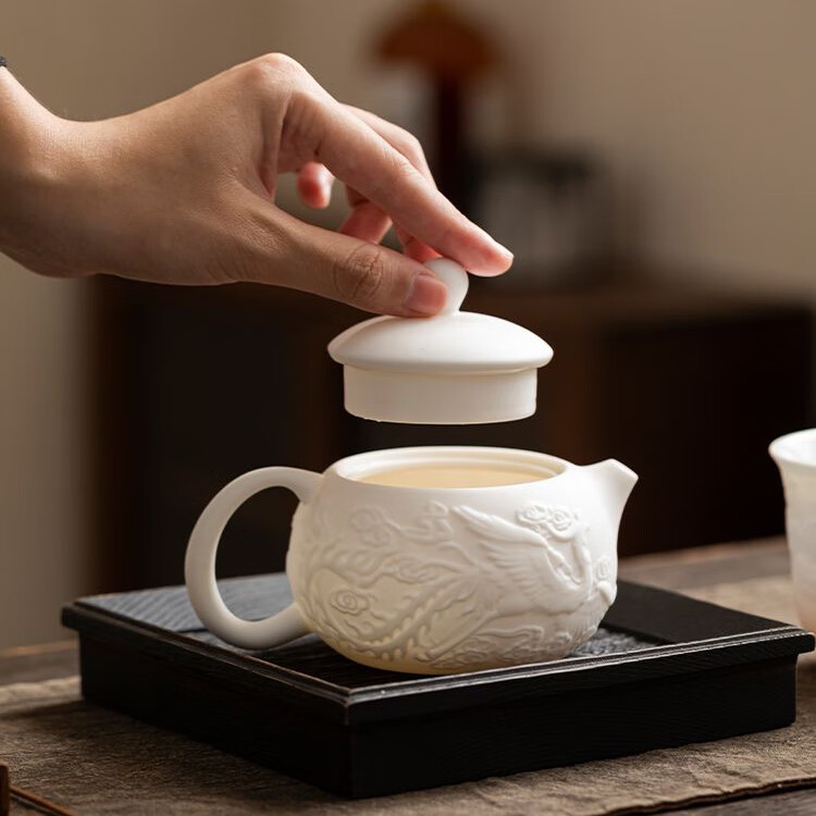 希格鲨2025新款德化白瓷功夫茶具套装家用轻奢高档浮雕盖碗茶杯泡茶专用 龙凤浮雕西施壶 无规格