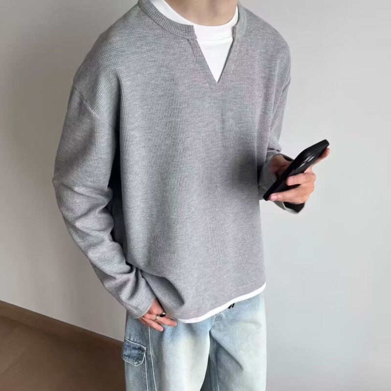 潮思汇美式休闲假两件青少年卫衣男潮流双层领设计感卫衣套头T恤上衣男 WY427黑色 M