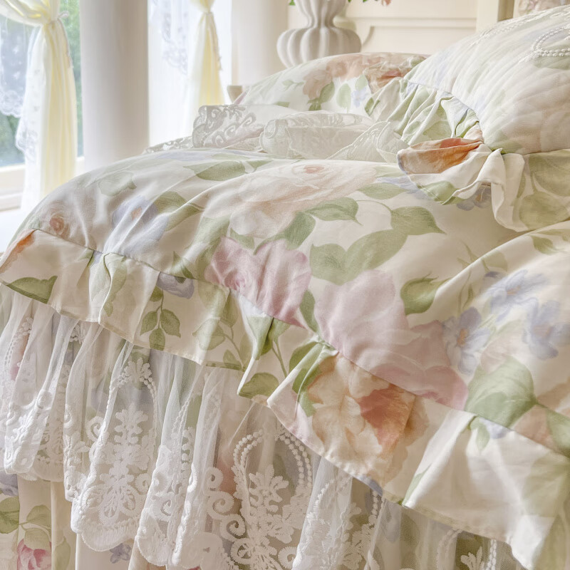 诸禄小清新田园风全棉床裙四件套纯棉小碎花床罩被套带裙边全包防滑尘 浅夏花开 床单款 2.0x2.2四件套被套220x240