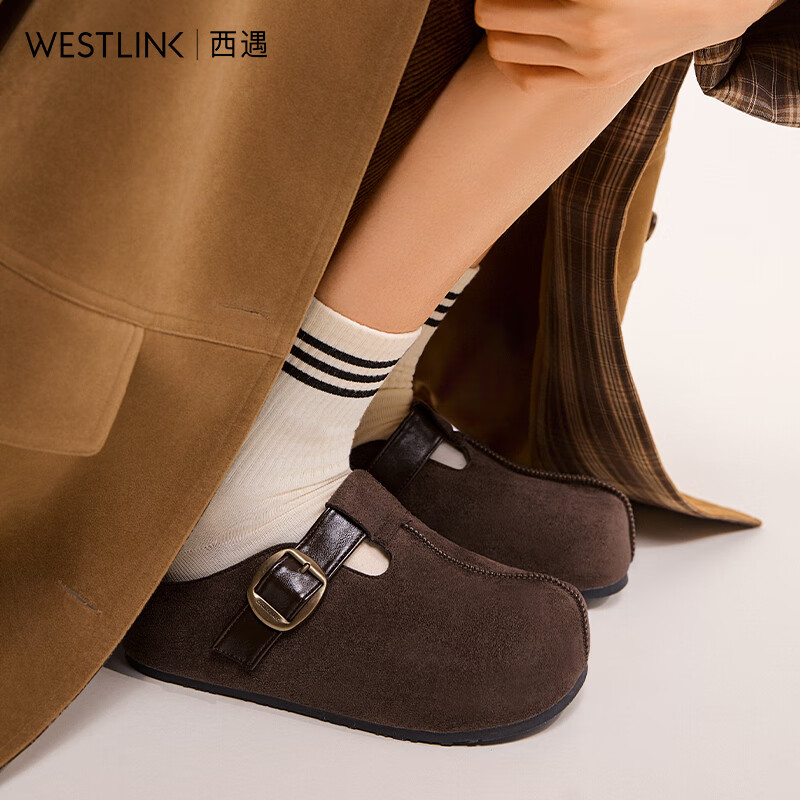 西遇（Westlink）一脚蹬勃肯鞋半拖女2026新款秋季包头拖鞋增高厚底吐司鞋 咖色(K0057160) 36 (230)