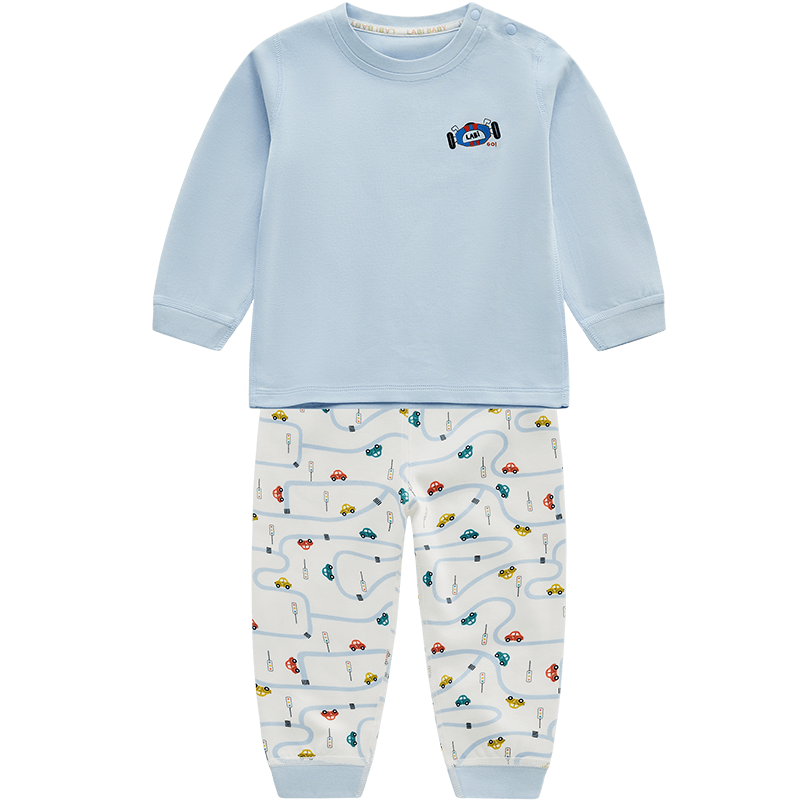 拉比兒童內(nèi)衣套裝秋衣秋褲小中大童男女童純棉肩開睡衣睡褲 灰藍90