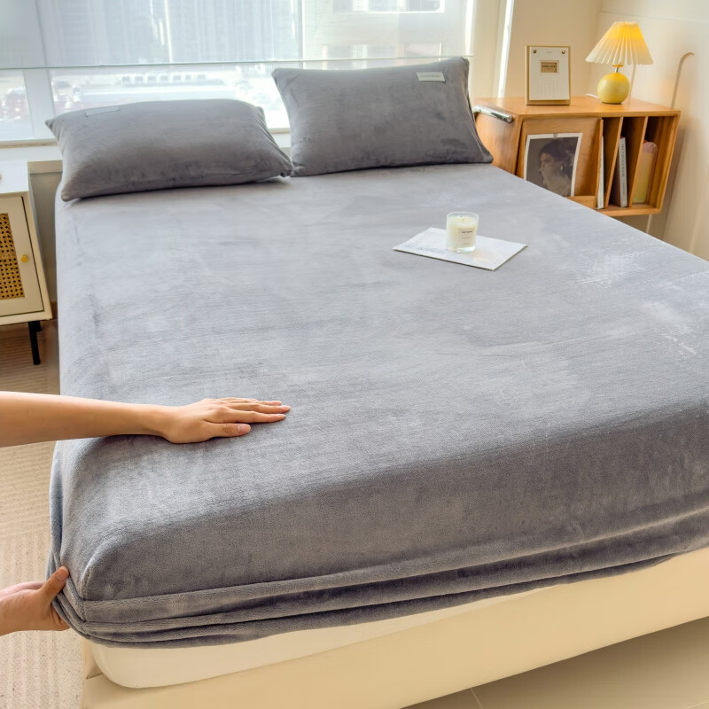 雅鹿冬季加厚牛奶绒床笠单件床罩席梦思床垫保护罩加绒床单床套三件套 浅灰【高克重牛奶绒 厚实细腻】 180x200cm床笠单件