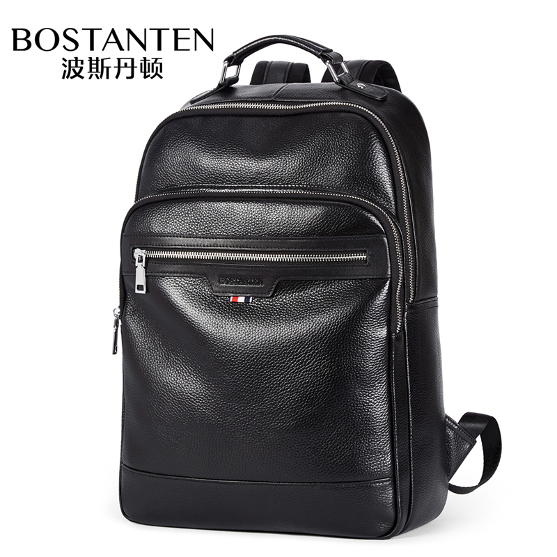 波斯丹顿双肩包男头层牛皮男款电脑包男士商务休闲背包包 黑色