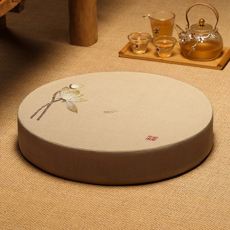 華幔盛庭禪修墊打坐墊可拆洗家用蒲團跪墊拜墊飄窗墊圓形坐墊拜佛 愛蓮多麗絲麻蒲團墊米黃 直徑40cm（厚度5cm