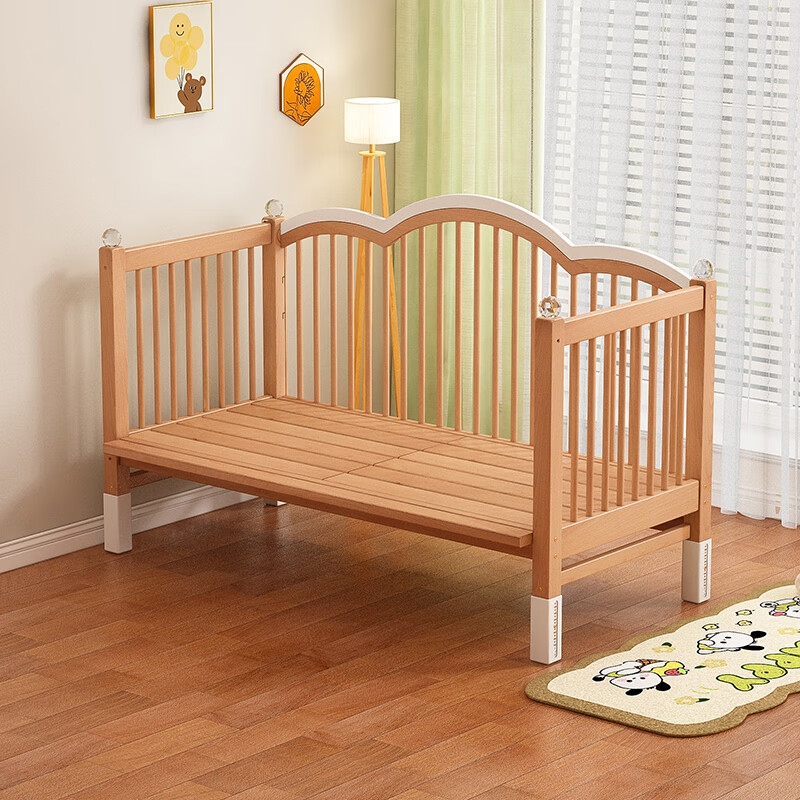 贝幸福榉木儿童拼接床实木婴儿床拼接大床可升降护栏加宽床边宝宝单人床 侧升尾门款+10cm空气纤维垫+床围 200*100cm【可升降】