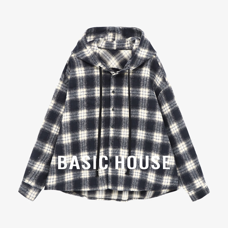 Basic House/百家好撞色格子外套秋季休闲连帽抽绳单排扣长袖上衣 黑色 S 90-120斤