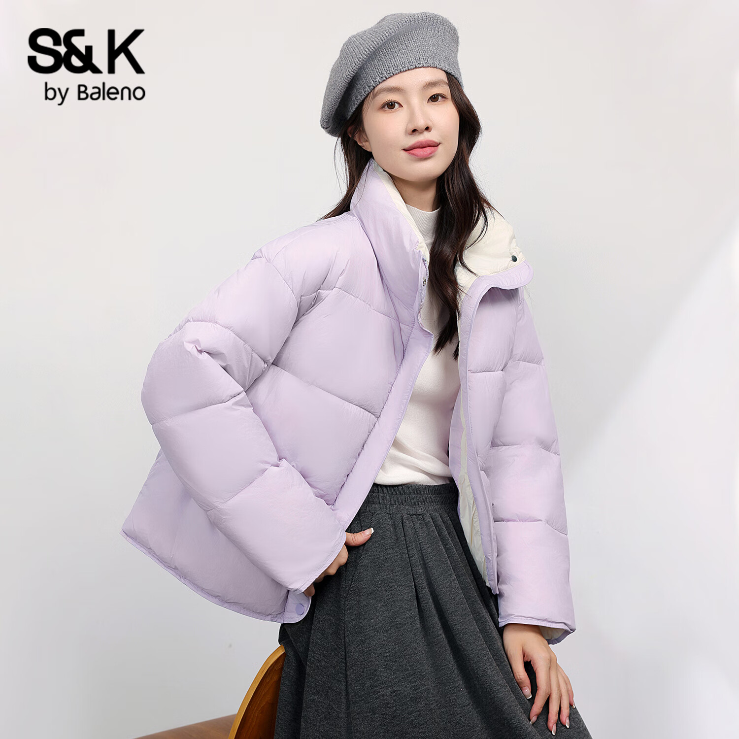班尼路S&K系列棉服女装冬季新款面包服保暖加绒加厚上衣服棉袄短款立领4 浅紫#纯色 【舒适保暖】 L