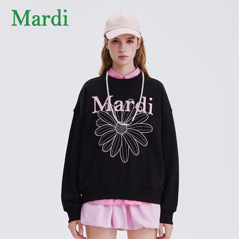 MARDI韩版2026小雏菊新款秋冬圆领卫衣女字母印花长袖内搭 MWY2532080 香草黑 XS