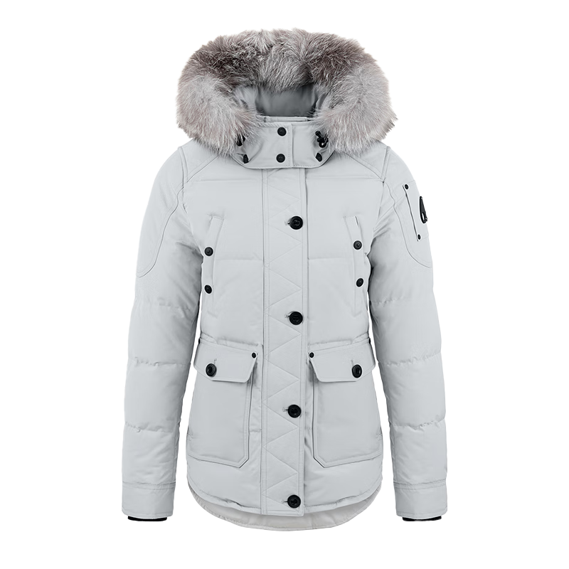 Moose Knuckles ONYX NGUILLE 鵝絨短款羽絨服女 樺灰色/霜狐毛 M