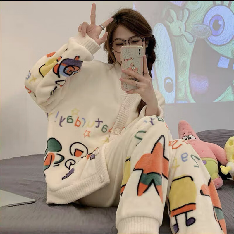 有只绵珊瑚绒家居服套装女居家仙女暖暖睡衣加绒加厚舒适保暖居家两件套 小星套装 均码 【适合80-140斤】