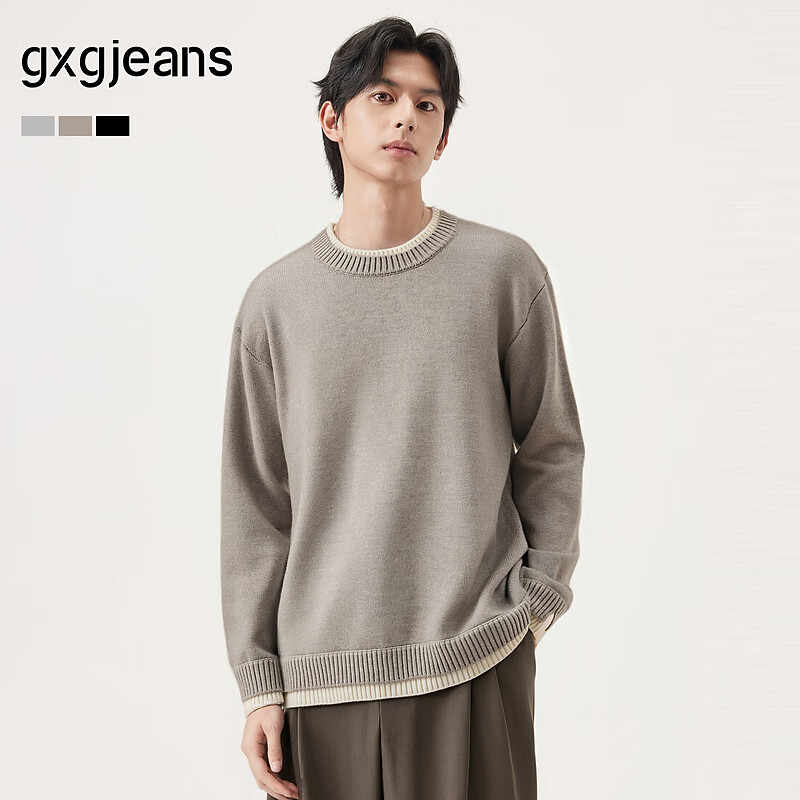 gxg.jeans男装 假两件休闲时尚打底圆领毛衣针织衫 25年冬新品 杏色 L (175)