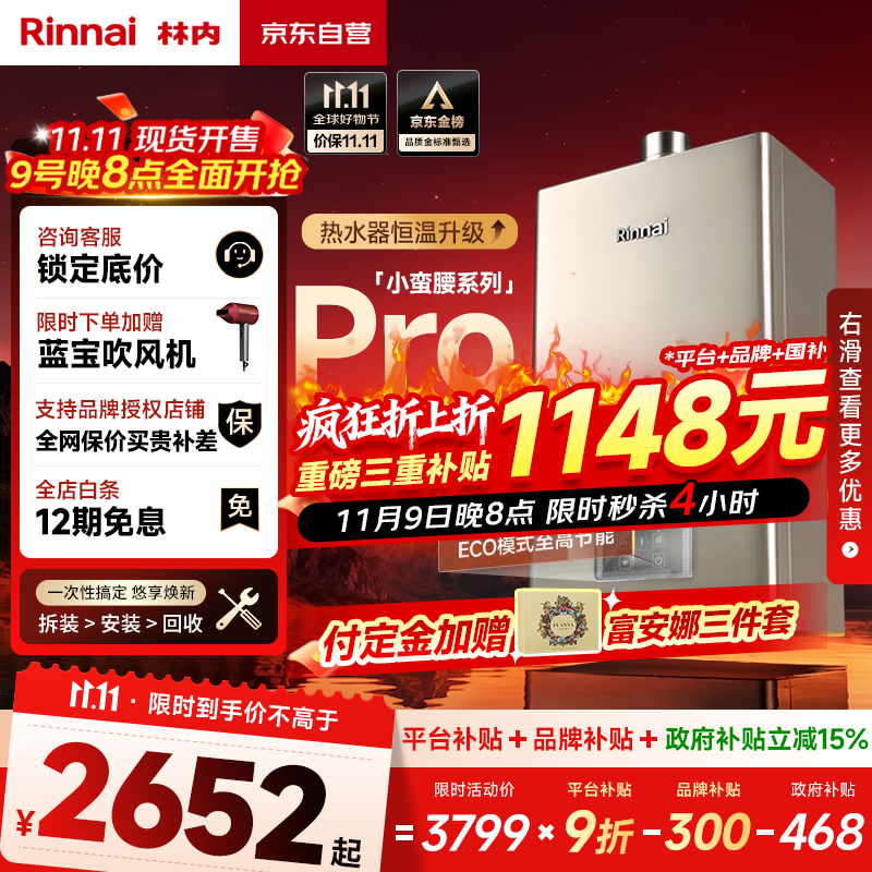 林内（Rinnai）【小蛮腰Pro】16升燃气热水器天然气【国家补贴15%】恒温ECO节能 低水压启动16GD32（JSQ31-GD32）