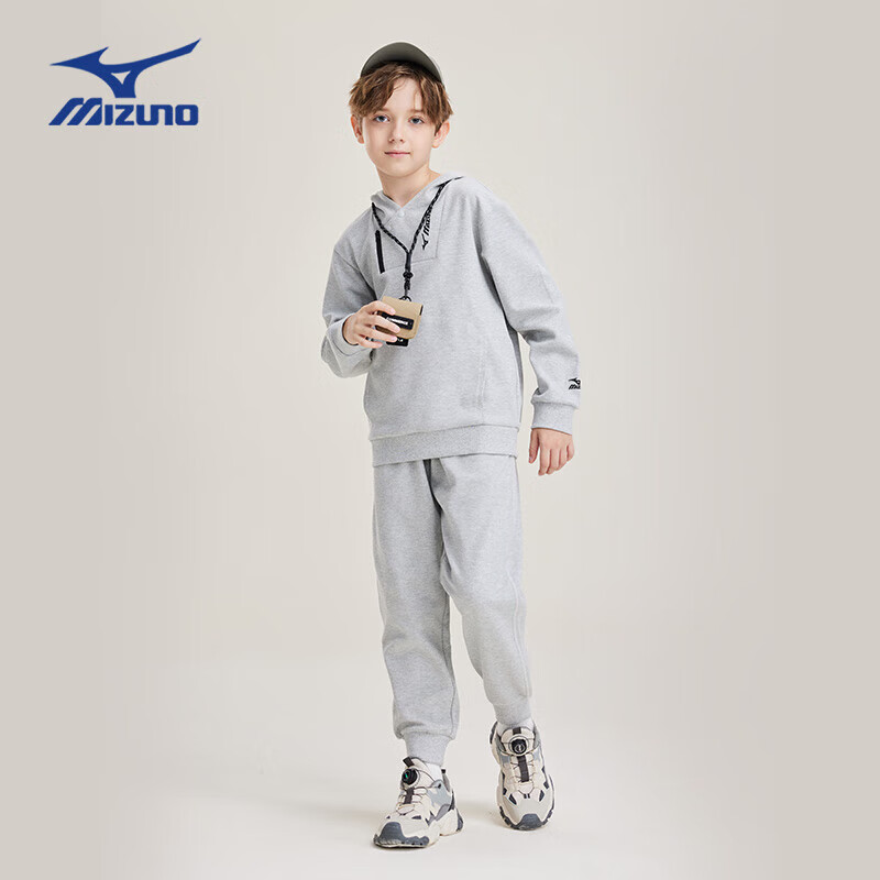 美津浓(MIZUNO)春秋新款男童长袖卫衣卫裤套装中大童连帽衫潮流户外运动 花灰色 120 cm